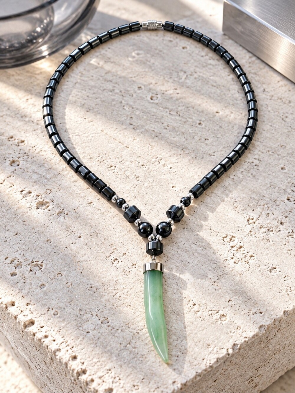 Nephrite Jade Fang Pendant Hematite Bead Necklace 18"